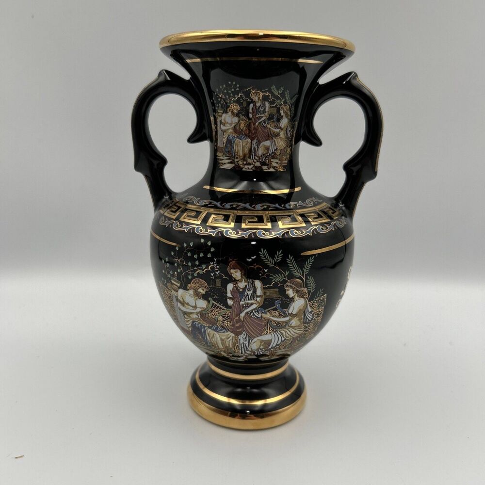 Vintage Black Gold Greek Amphora Vase Double Handle Urn Ceramic Decorative Vase